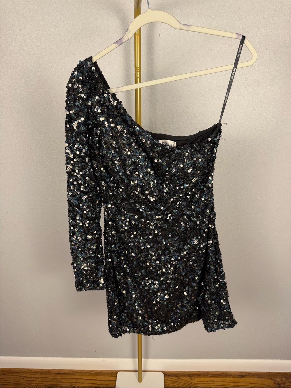 Sherri Hill Black Iridescent Sequin One Shoulder Mini Dress Size 10
